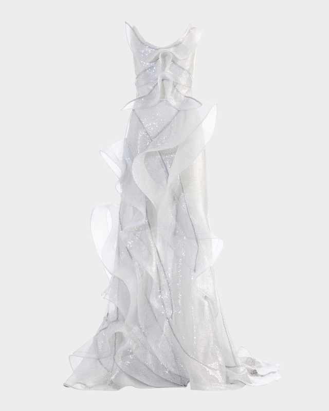 Refraction Strapless Ruffle Sequin Trumpet Gown